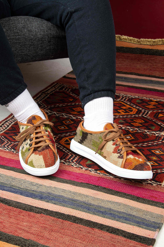 Ethnic Man's Loafers Shoes Crafted From Handmade Kilim and Real Leather Size 12 Base Width: 10,5 cm - Base Length: 32 cm
