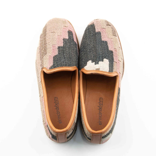 Ethnic Man's Loafers Shoes Crafted From Handmade Kilim and Real Leather Size 8 Base Width: 9,5 cm - Base Length: 29,5 cm