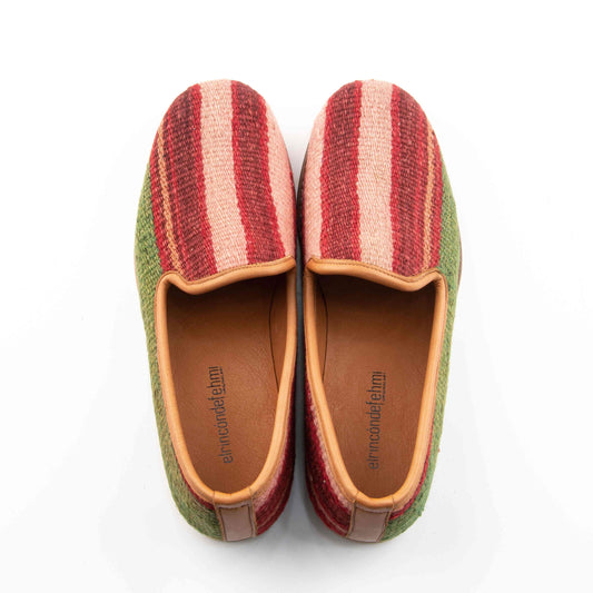 Ethnic Man's Loafers Shoes Crafted From Handmade Kilim and Real Leather Size 9 Base Width: 10 cm - Base Length: 30 cm
