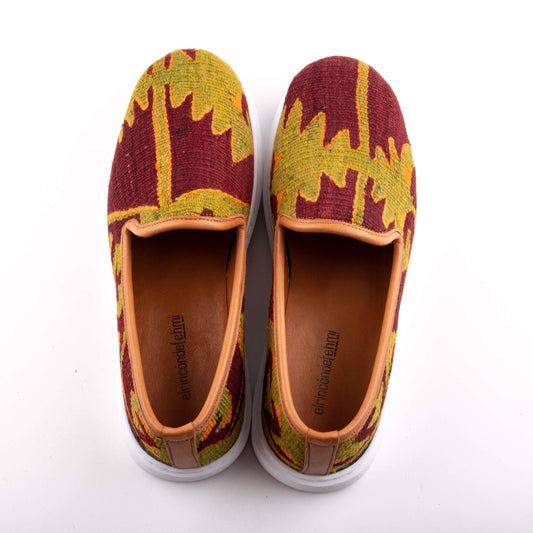 Ethnic Man Slip-On Shoes Crafted From Handmade Kilim and Real Leather Size 11.5 Base Width: 10,5 cm - Base Length: 31,5 cm