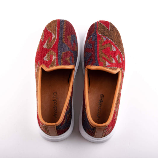 Ethnic Unisex Slip-On Shoes Crafted From Handmade Kilim and Real Leather Size 7.5 Base Width: 9,5 cm - Base Length: 28,5 cm