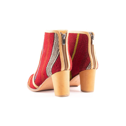 Ethnic Woman Heel Ankle Boot Crafted From Handmade Kilim and Real Leather Size 10.5 - Base Width: 8.5 cm - Base Length: 24.5 cm - Heel:  7 cm