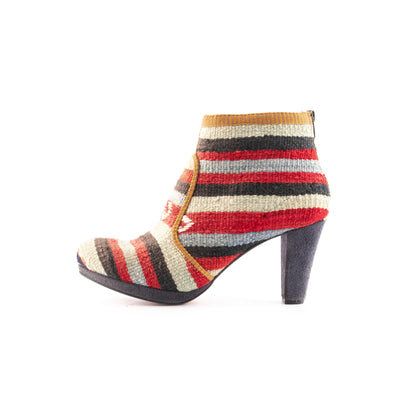 Ethnic Woman Heel Ankle Boot Crafted From Handmade Kilim and Real Leather Size 11.5 - Base Width: 7.5 cm - Base Length: 23 cm - Heel: 9 cm