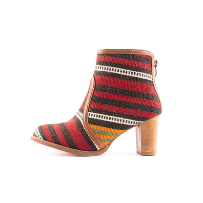 Ethnic Woman Heel Ankle Boot Crafted From Handmade Kilim and Real Leather Size 5.5 - Base Width: 7 cm - Base Length: 21.5 cm - Heel: 7 cm