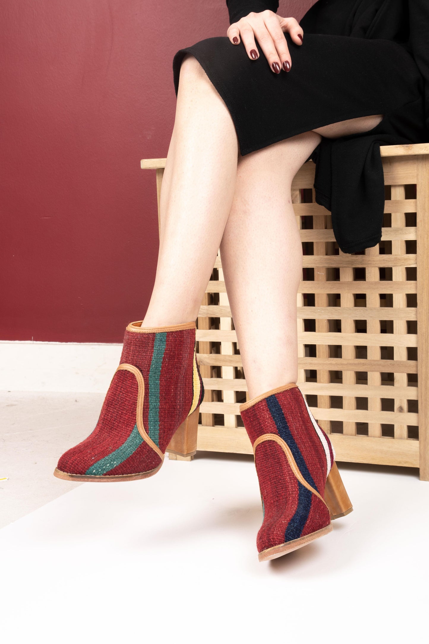 Ethnic Woman Heel Ankle Boot Crafted From Handmade Kilim and Real Leather Size 6.5 - Base Width: 7.5 cm - Base Length: 21.5 cm - Heel: 7 cm