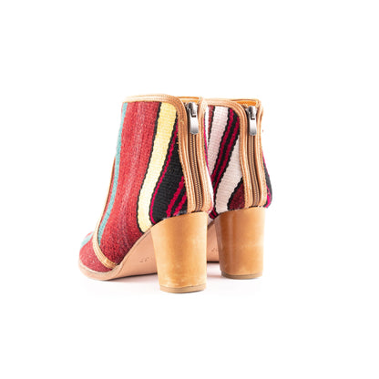 Ethnic Woman Heel Ankle Boot Crafted From Handmade Kilim and Real Leather Size 6.5 - Base Width: 7.5 cm - Base Length: 21.5 cm - Heel: 7 cm