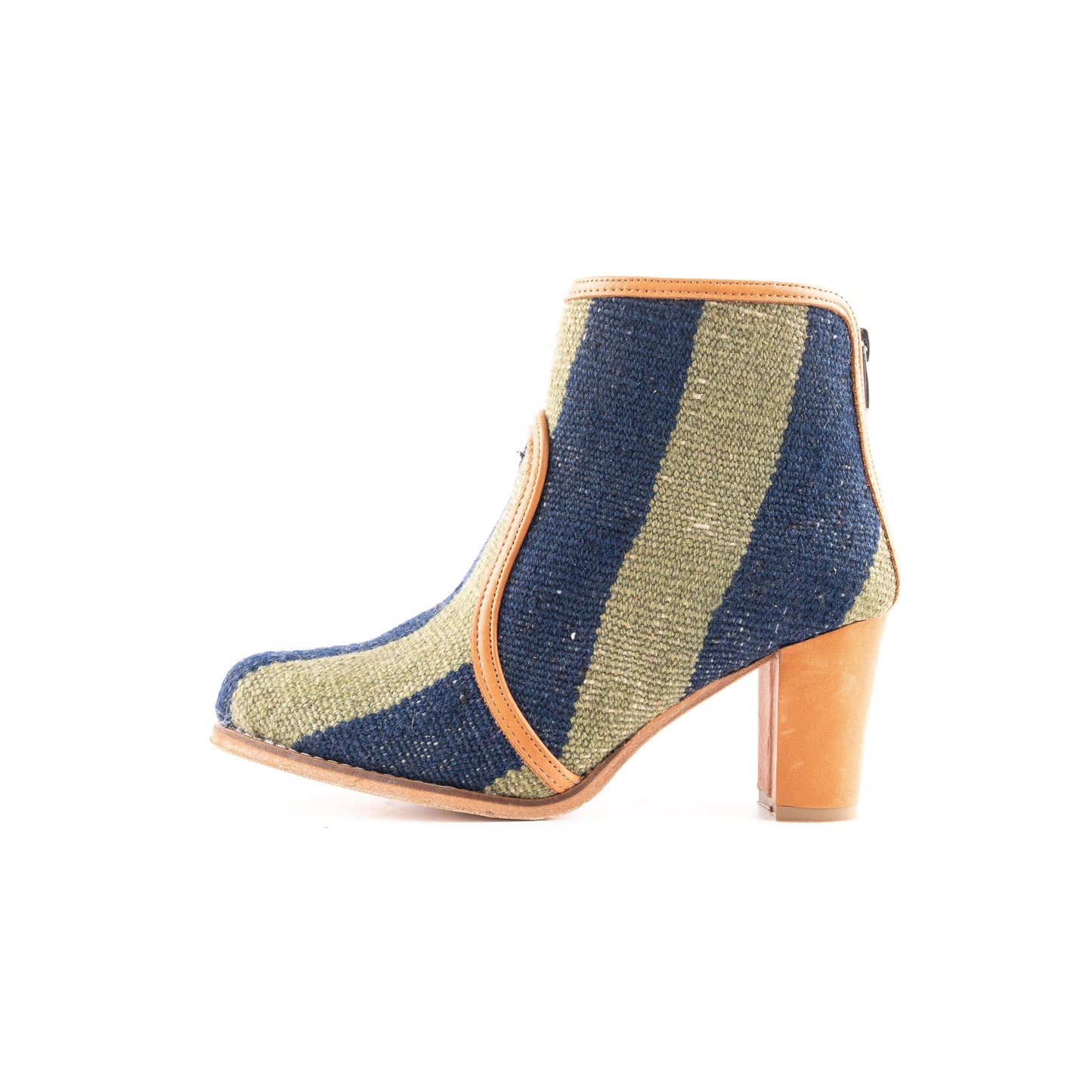 Ethnic Woman Heel Ankle Boot Crafted From Handmade Kilim and Real Leather Size 7.5 - Base Width: 8 cm - Base Length: 22 cm - Heel: 7 cm