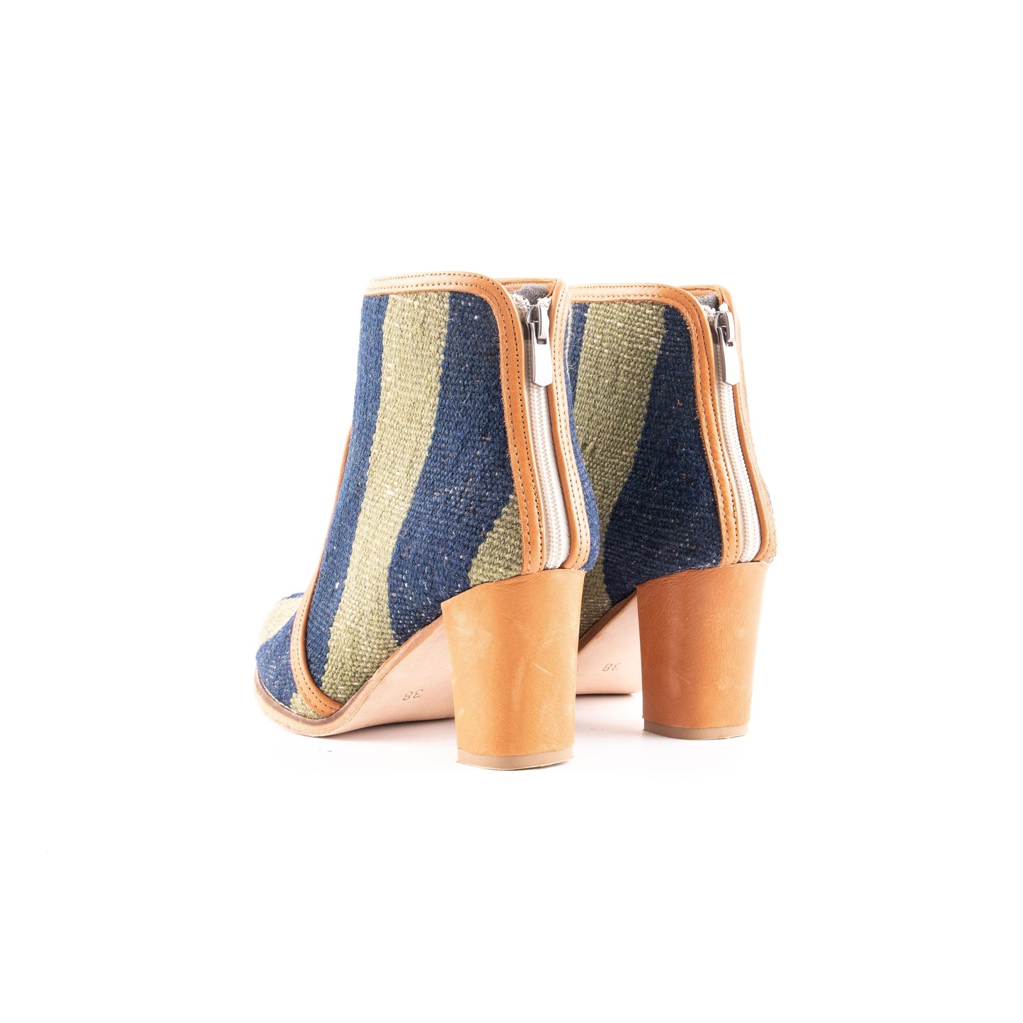 Ethnic Woman Heel Ankle Boot Crafted From Handmade Kilim and Real Leather Size 7.5 - Base Width: 8 cm - Base Length: 22 cm - Heel: 7 cm