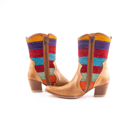 Ethnic Woman Heel Cowboy Boot Crafted From Handmade Kilim and Real Leather Size 10.5 - Base Width: 10 cm - Base Length: 28.5 cm - Heel: 7 cm