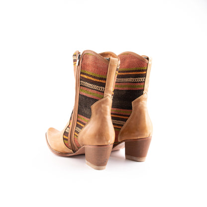 Ethnic Woman Heel Cowboy Boot Crafted From Handmade Kilim and Real Leather Size 11- Base Width: 10 cm - Base Length: 28.5 cm - Heel: 7 cm