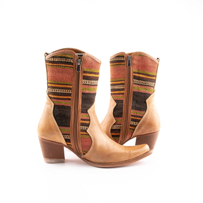 Ethnic Woman Heel Cowboy Boot Crafted From Handmade Kilim and Real Leather Size 11- Base Width: 10 cm - Base Length: 28.5 cm - Heel: 7 cm
