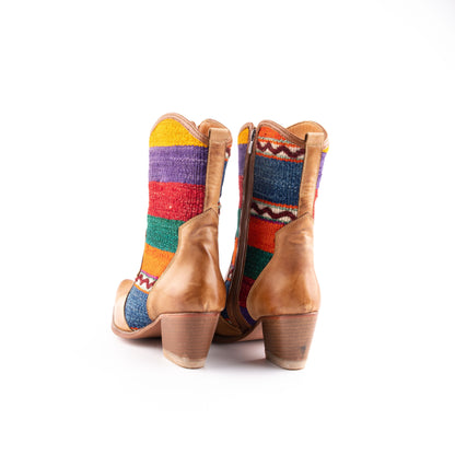 Ethnic Woman Heel Cowboy Boot Crafted From Handmade Kilim and Real Leather Size 9.5-  Base Width: 9,5 cm - Base Length: 28.5 cm - Heel: 7 cm