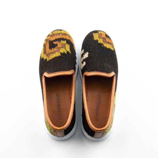 Ethnic Woman Slip-On Shoes Crafted From Handmade Kilim and Real Leather Size 8 Base Width: 8,5 cm - Base Length: 26 cm