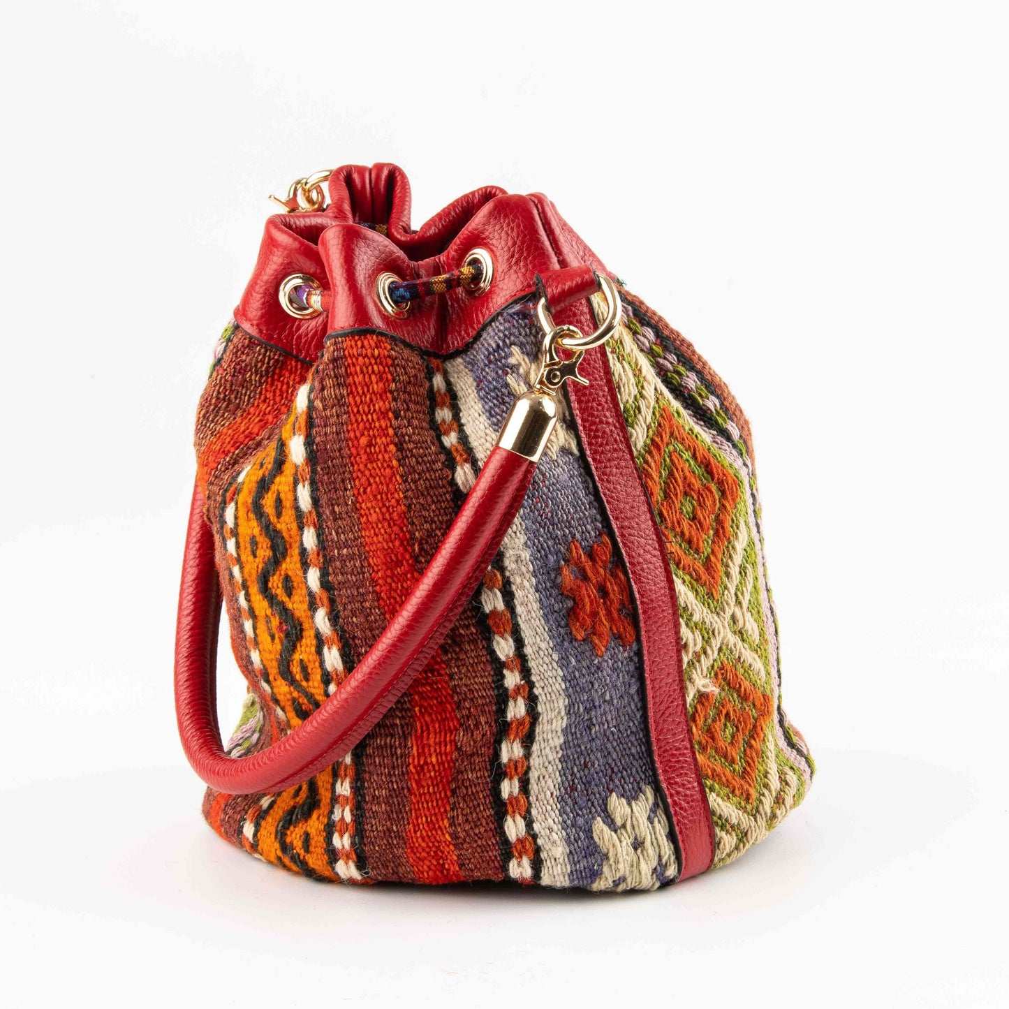 Handmade Kilim Real Leather Unique Drawstring Bag Leather Strap Zipper Closure Lined
