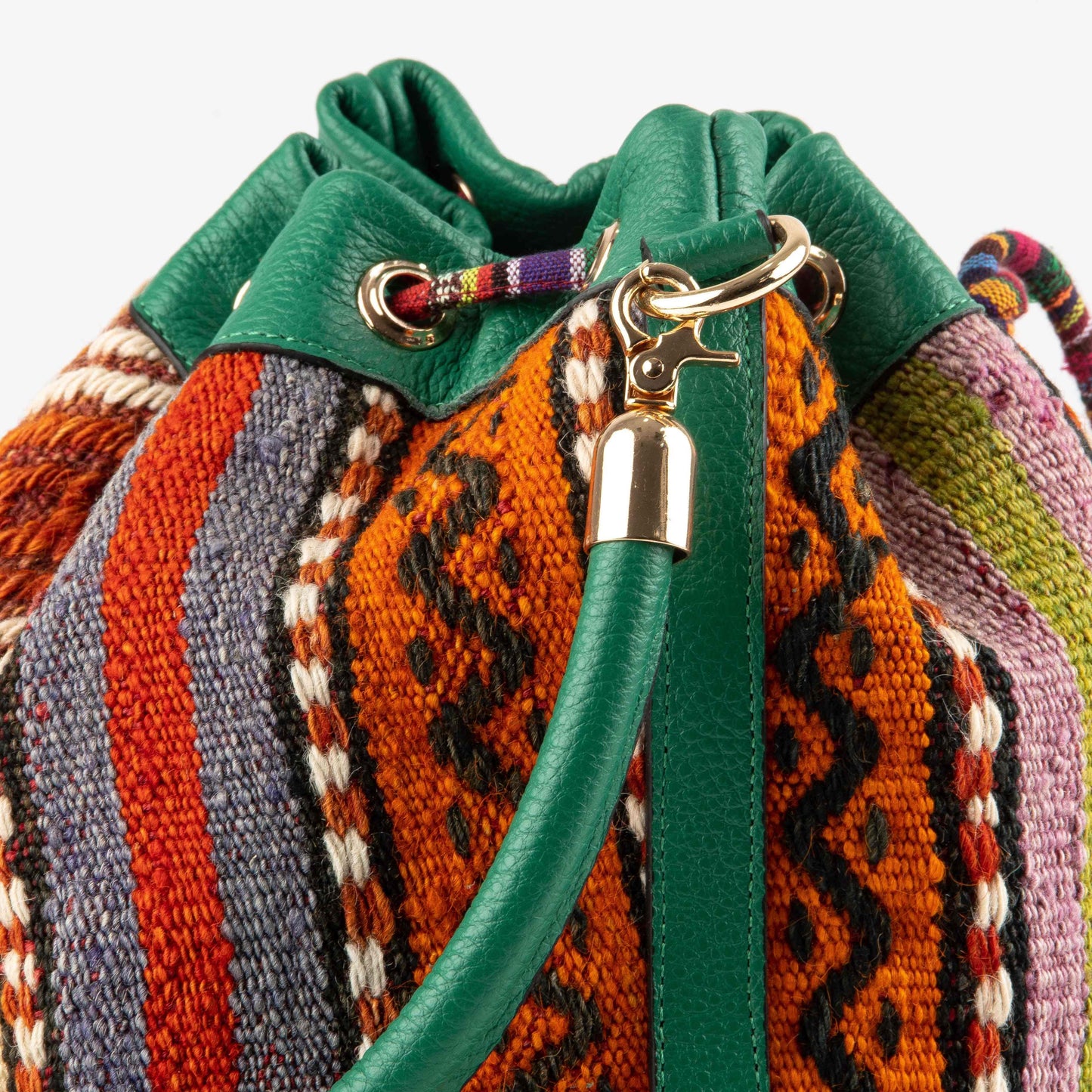 Handmade Kilim Real Leather Unique Drawstring Bag Leather Strap Zipper Closure Lined