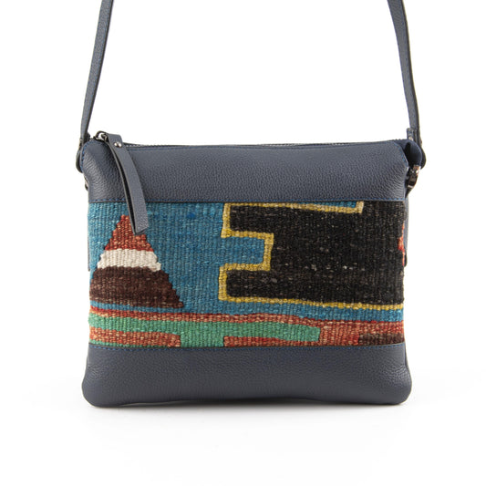 Handmade Kilim Real Leather Unique Shoulder Bag Leather Strap Zipper Closure Three Compartment Lined