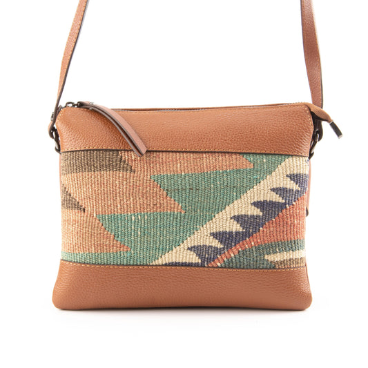Handmade Kilim Real Leather Unique Shoulder Bag Leather Strap Zipper Closure Three Compartment Lined
