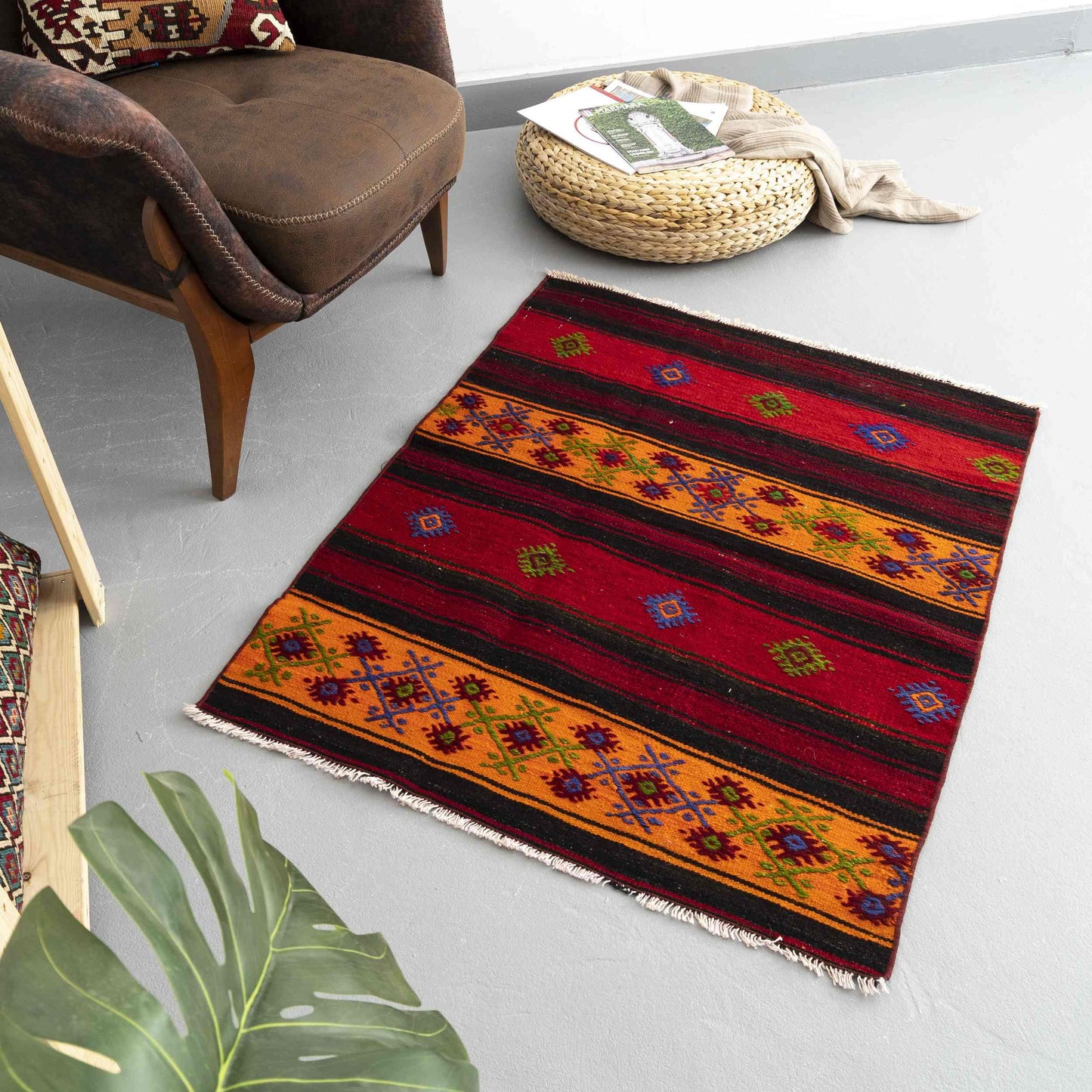 Oriental Kilim Anatolian Handmade Wool On Wool 88 X 110 Cm - 2' 11'' X 3' 8'' Burgundy C021 ER01