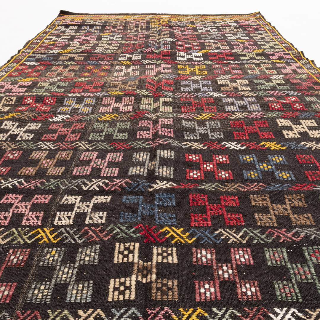 Kilim oriental cicim hecho a mano de lana sobre lana 144 x 290 cm - 4' 9'' X 9' 7'' Negro C002 ER12