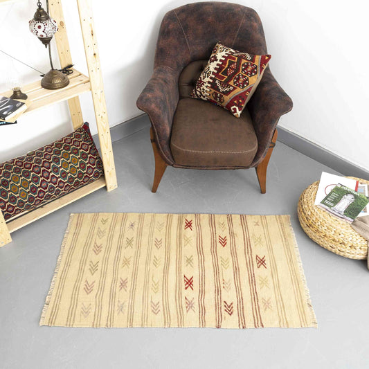 Oriental Kilim Cicim Handmade Wool On Wool 76 x 123 Cm - 2' 6'' x 4' 1'' Sand C007 ER01