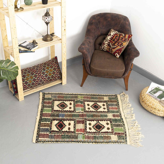 Oriental Kilim Cicim Handmade Wool On Wool 93 x 107 Cm -  3' 1'' x 3' 7'' Sand C007 ER01