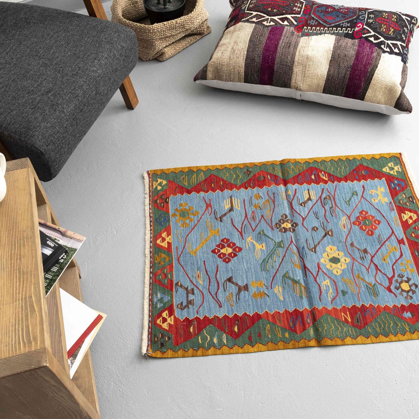 Kilim oriental Konya hecho a mano de lana sobre lana 71 x 93 cm - 2' 4'' x 3' 1'' Azul claro C013ER01