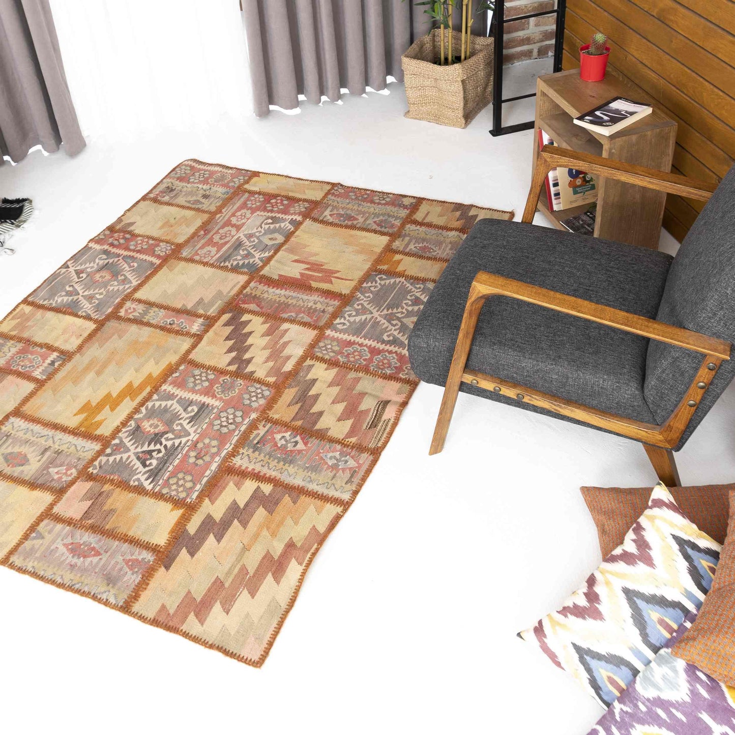 Oriental Kilim Patchwork Handmade Wool On Wool 150 x 206 Cm - 5' x 6' 10'' Orange C011 ER12