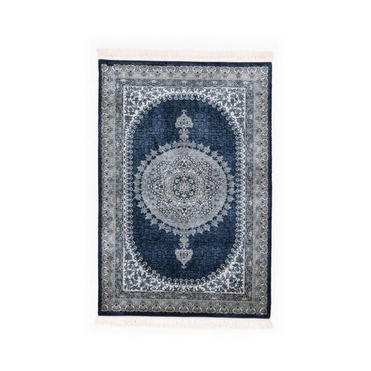 Oriental Rug Anatolian Hand Knotted Pure Silk - 104 X 152 Cm - 3' 5'' X 5' Navy Blue C012 ER01