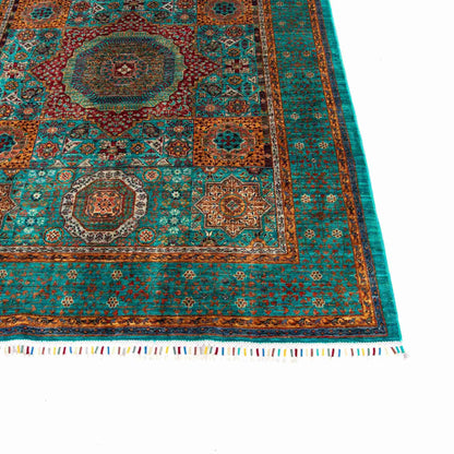 Oriental Rug Mamluk Hand Knotted Wool On Cotton 151 X 190 Cm - 5' X 6' 3" Green C001