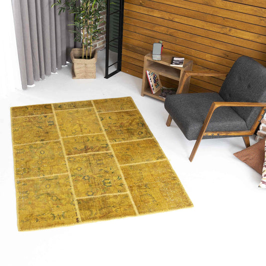 Oriental Rug Patchwork Hand Knotted Wool On Wool 146 x 192 Cm - 4' 10'' x 6' 4'' Yellow C006 ER12