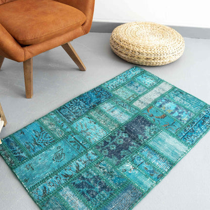 Oriental Rug Patchwork Hand Knotted Wool On Wool 70 x 110 Cm - 2' 4'' x 3' 8'' Green C003 ER01