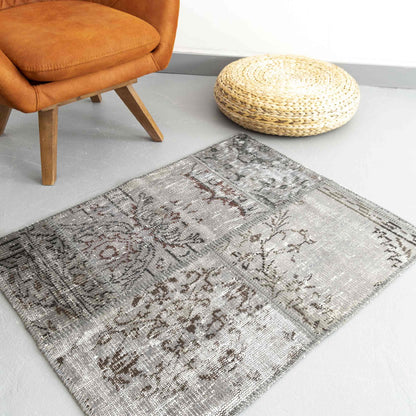 Oriental Rug Patchwork Hand Knotted Wool On Wool 82 x 104 Cm - 2' 9'' x 3' 5'' Grey C008 ER01