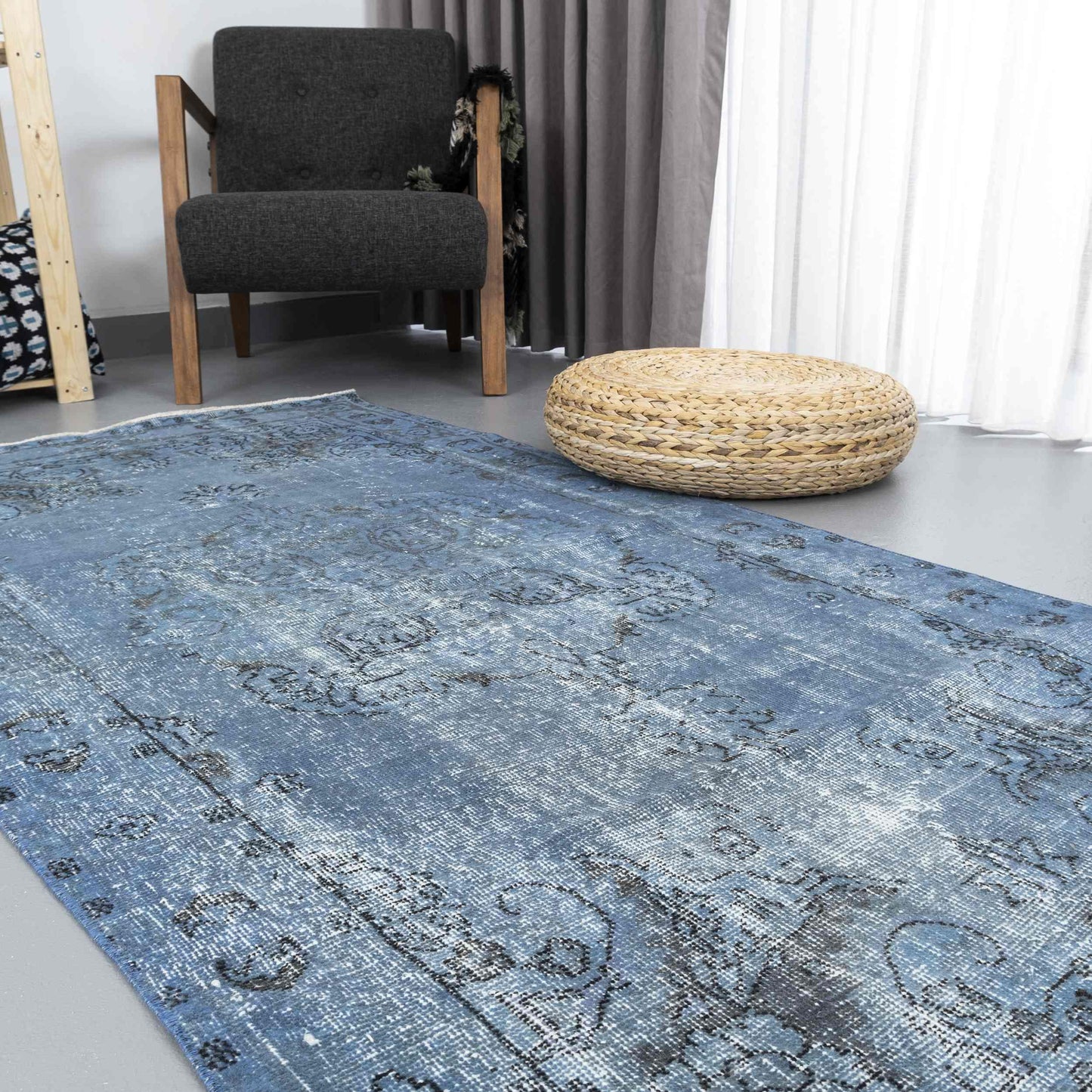 Oriental Rug Vintage Hand Knotted Wool On Cotton 110 x 210 Cm - 3' 8'' x 6' 11'' Navy Blue C012 ER01