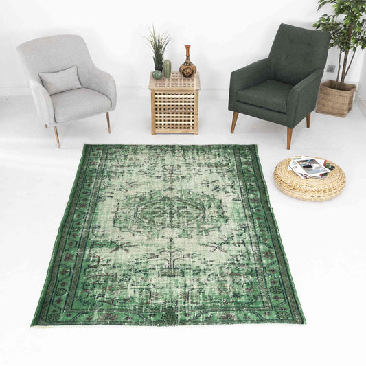 Oriental Rug Vintage Hand Knotted Wool On Cotton 163 x 237 Cm - 5' 5'' x 7' 10'' Green C001 ER12
