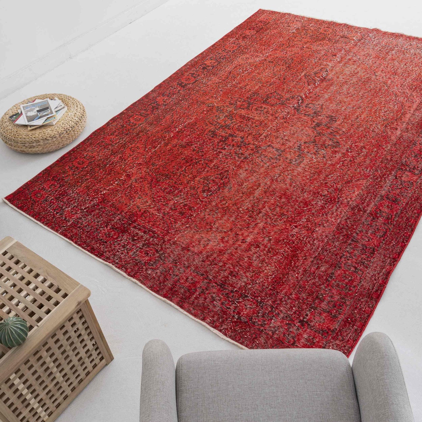 Oriental Rug Vintage Hand Knotted Wool On Cotton 211 x 308 Cm - 7' x 10' 2'' Red C014 ER23