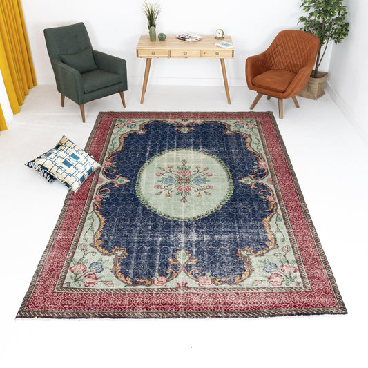 Oriental Rug Vintage Hand Knotted Wool On Cotton 221 x 330 Cm - 7' 4'' x 10' 10'' Navy Blue C012 ER23