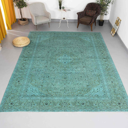 Oriental Rug Vintage Hand Knotted Wool On Cotton 285 x 400 Cm - 9' 5'' x 13' 2'' Turquoise C019 ER34