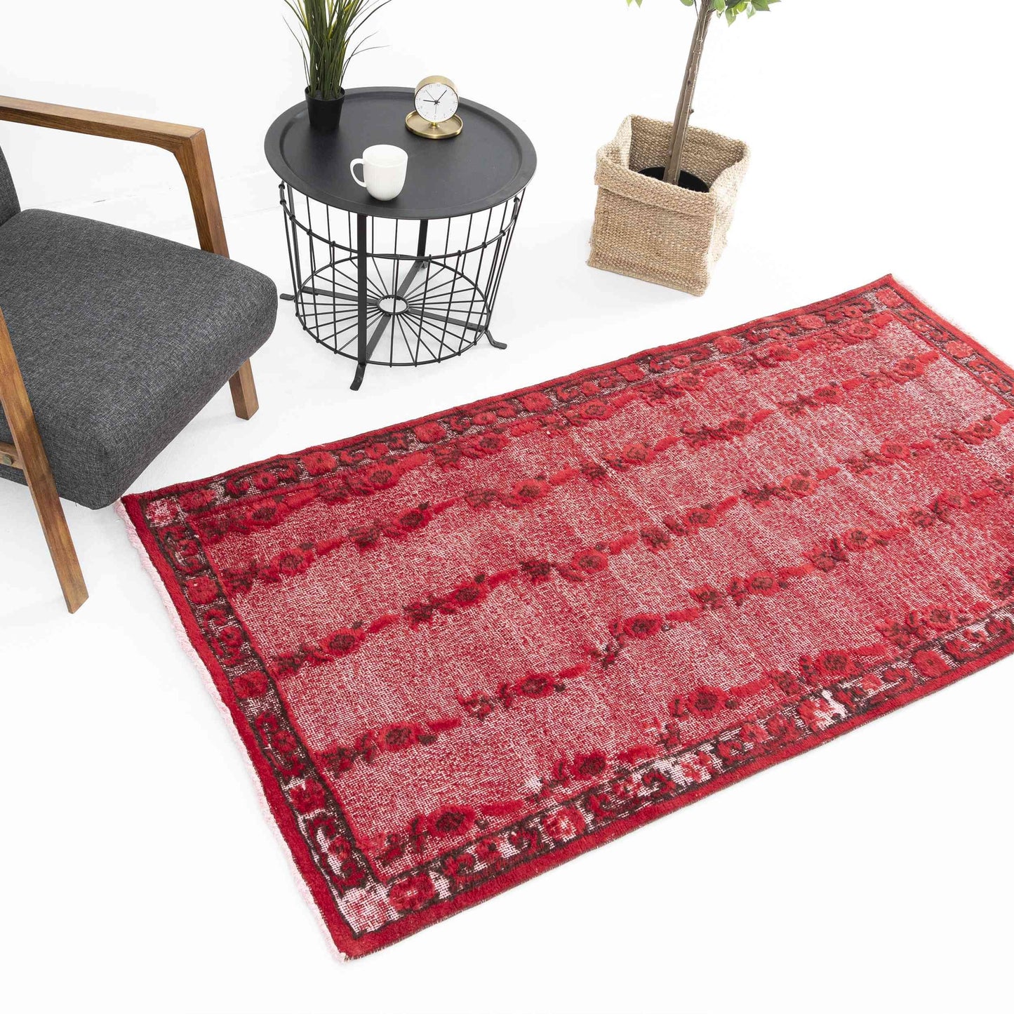 Oriental Rug Vintage Handmade Wool On Cotton 107 x 210 Cm - 3' 7'' x 6' 11'' Red C014 ER01