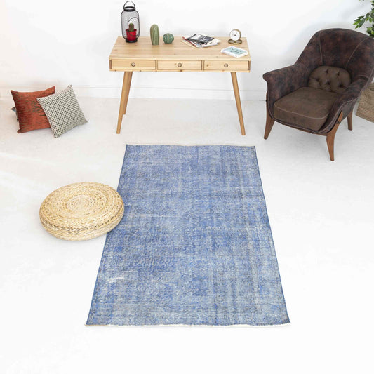 Oriental Rug Vintage Handmade Wool On Cotton 115 x 210 Cm - 3' 10'' x 6' 11'' Blue C010 ER01