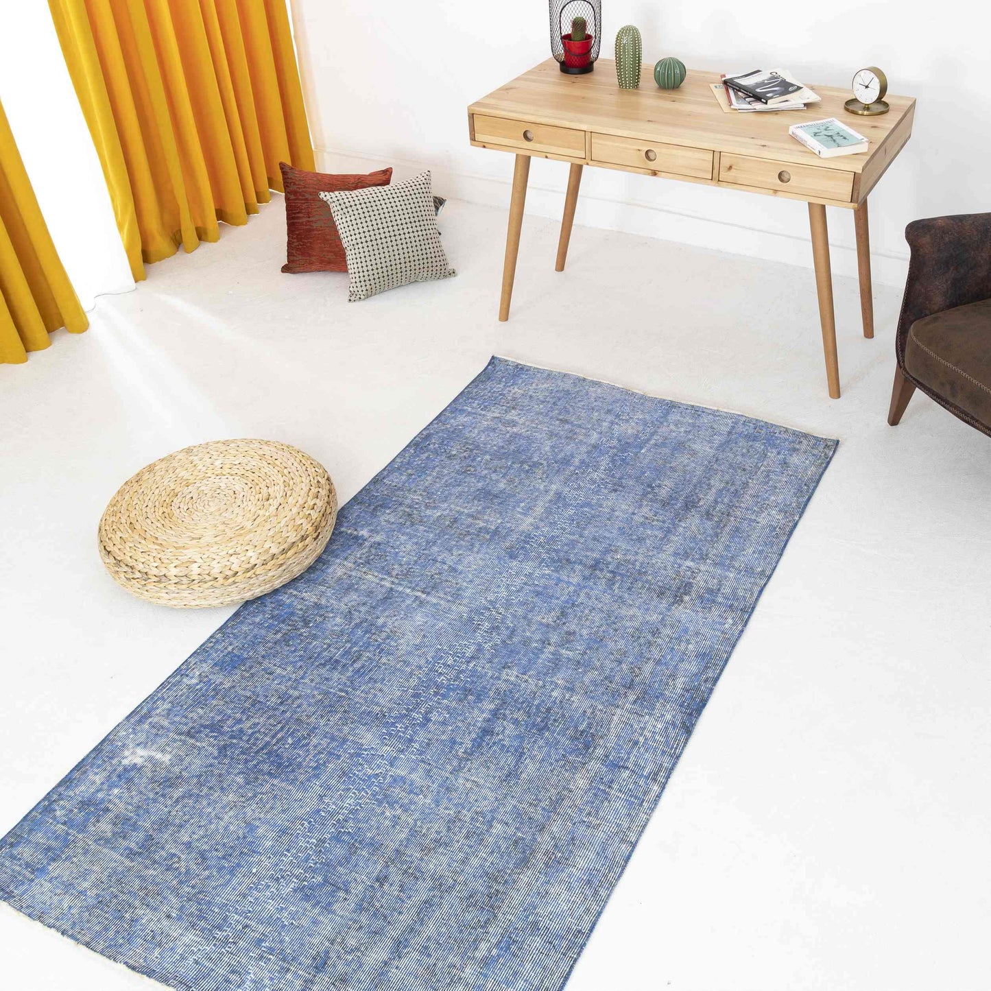 Oriental Rug Vintage Handmade Wool On Cotton 115 x 210 Cm - 3' 10'' x 6' 11'' Blue C010 ER01