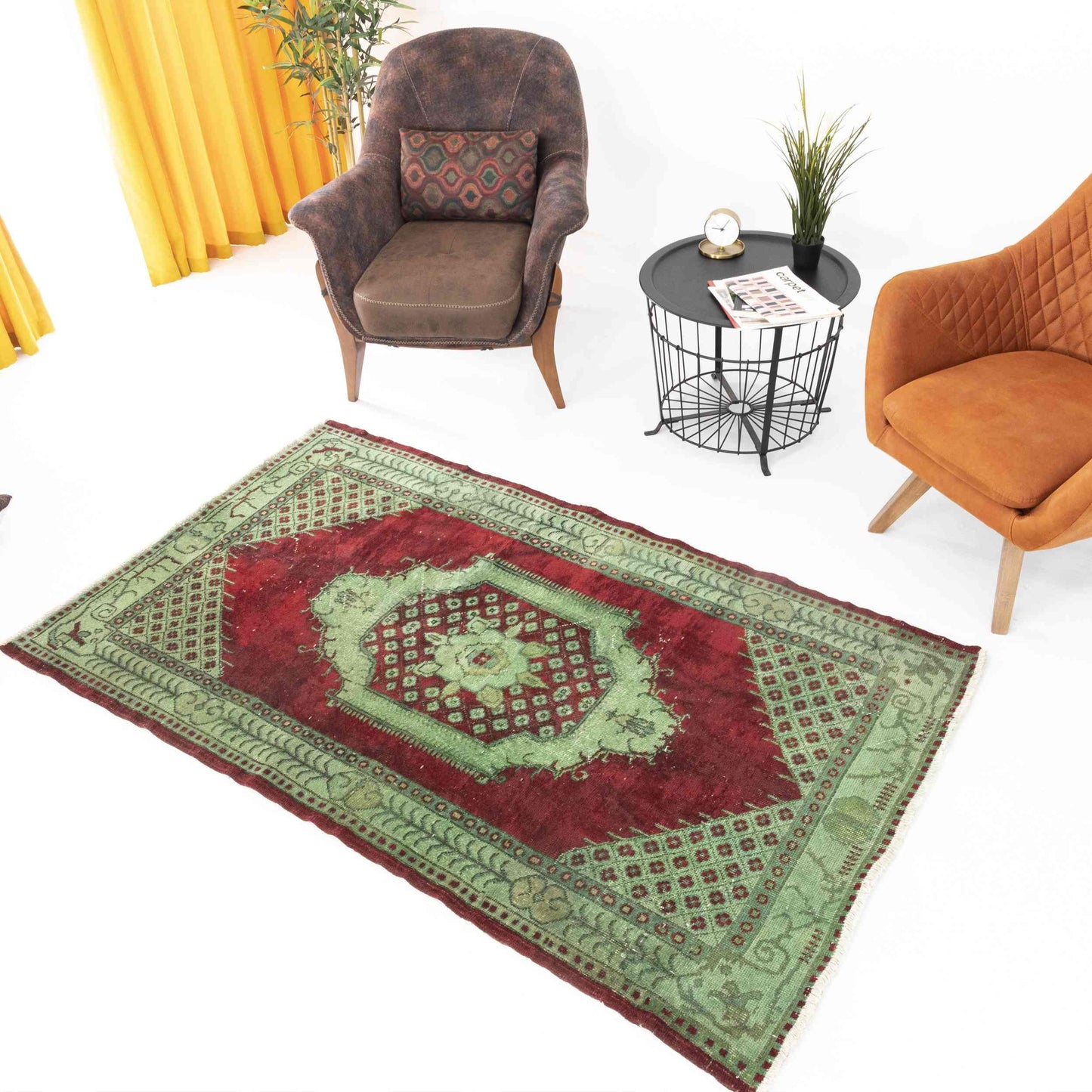 Alfombra oriental vintage hecha a mano de lana sobre algodón 116 x 200 cm - 3' 10'' x 6' 7'' Verde C001 ER01