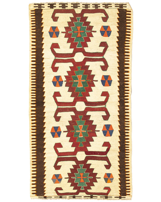Oriental Turkish Runner Kilim Handmade Wool On Wool Anatolian 94 X 180 Cm - 3' 2'' X 5' 11'' Sand C007