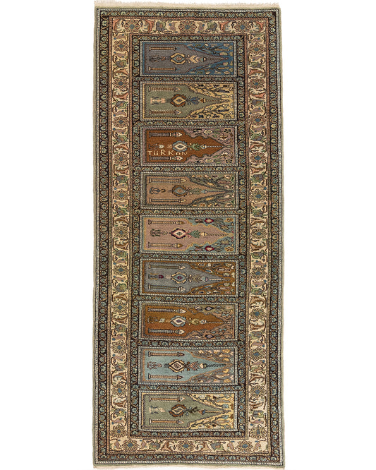 Oriental Turkish Runner Rug Handmade Wool On Cotton Kayseri 90 X 231 Cm - 3' X 7' 7'' Green C015