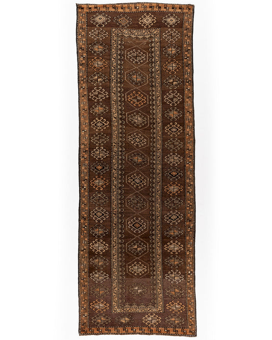Oriental Turkish Runner Rug Handmade Wool On Wool Anatolian 128 X 385 Cm - 4' 3'' X 12' 8'' Brown C005