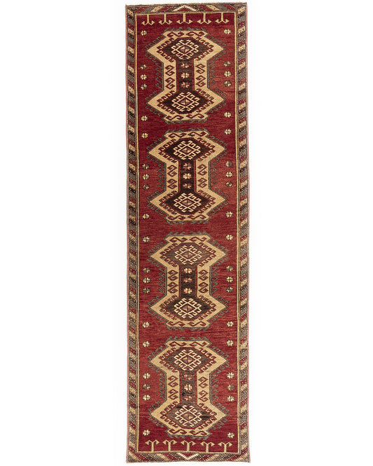 Oriental Turkish Runner Rug Handmade Wool On Wool Anatolian 95 X 354 Cm - 3' 2'' X 11' 8'' Red C014
