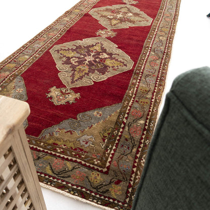 Oriental Turkish Runner Rug Handmade Wool On Wool Anatolian 99 X 337 Cm - 3' 3'' X 11' 1'' Red C014