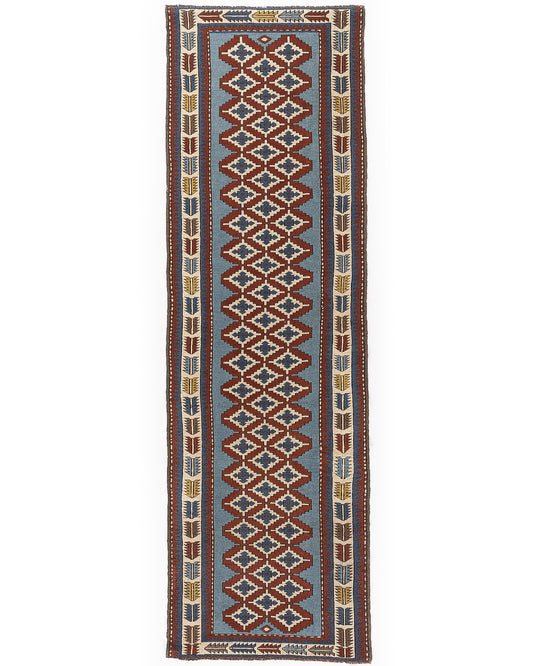 Oriental Turkish Runner Rug Handmade Wool On Wool Kars 103 X 334 Cm - 3' 5'' X 11' Light Blue C013