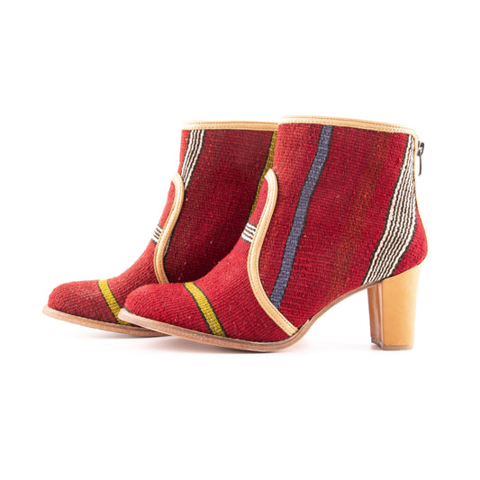 Ethnic Woman Heel Ankle Boot Crafted From Handmade Kilim and Real Leather Size 10.5 - Base Width: 8.5 cm - Base Length: 24.5 cm - Heel:  7 cm