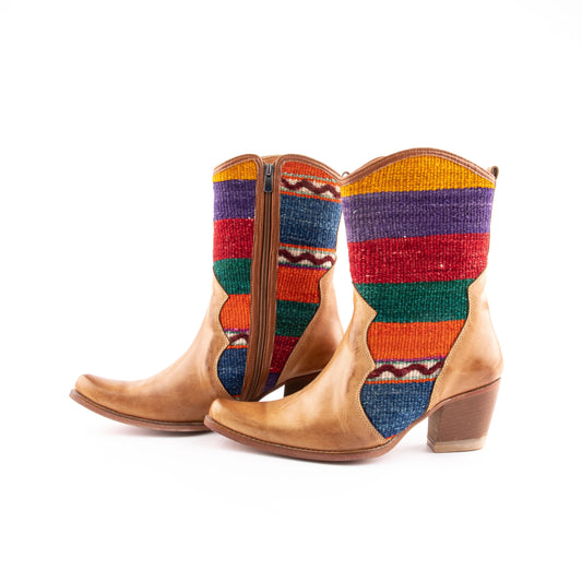 Ethnic Woman Heel Cowboy Boot Crafted From Handmade Kilim and Real Leather Size 9.5-  Base Width: 9,5 cm - Base Length: 28.5 cm - Heel: 7 cm