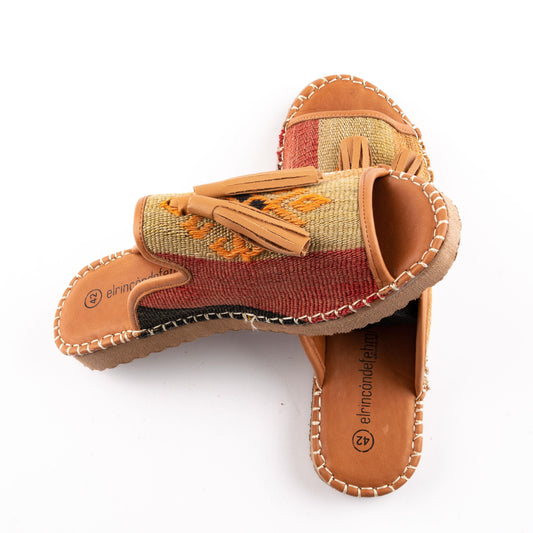 Ethnic Woman Open Toe Slipper Crafted From Handmade Kilim and Real Leather Size 11.5 -   Base Width:  9.5 cm - Base Length: 27 cm - Heel:  2 cm